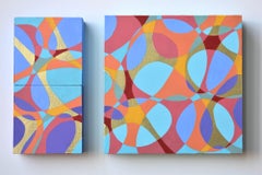 "Interaction 5", acrylic painting, abstract, triptych, teal, blue, red, gold