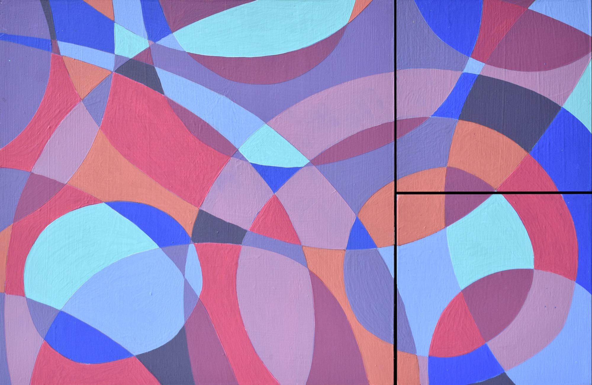 Abstract Painting Denise Driscoll - « Interaction 7 », triptyque, violet, bleu, magenta, peinture acrylique