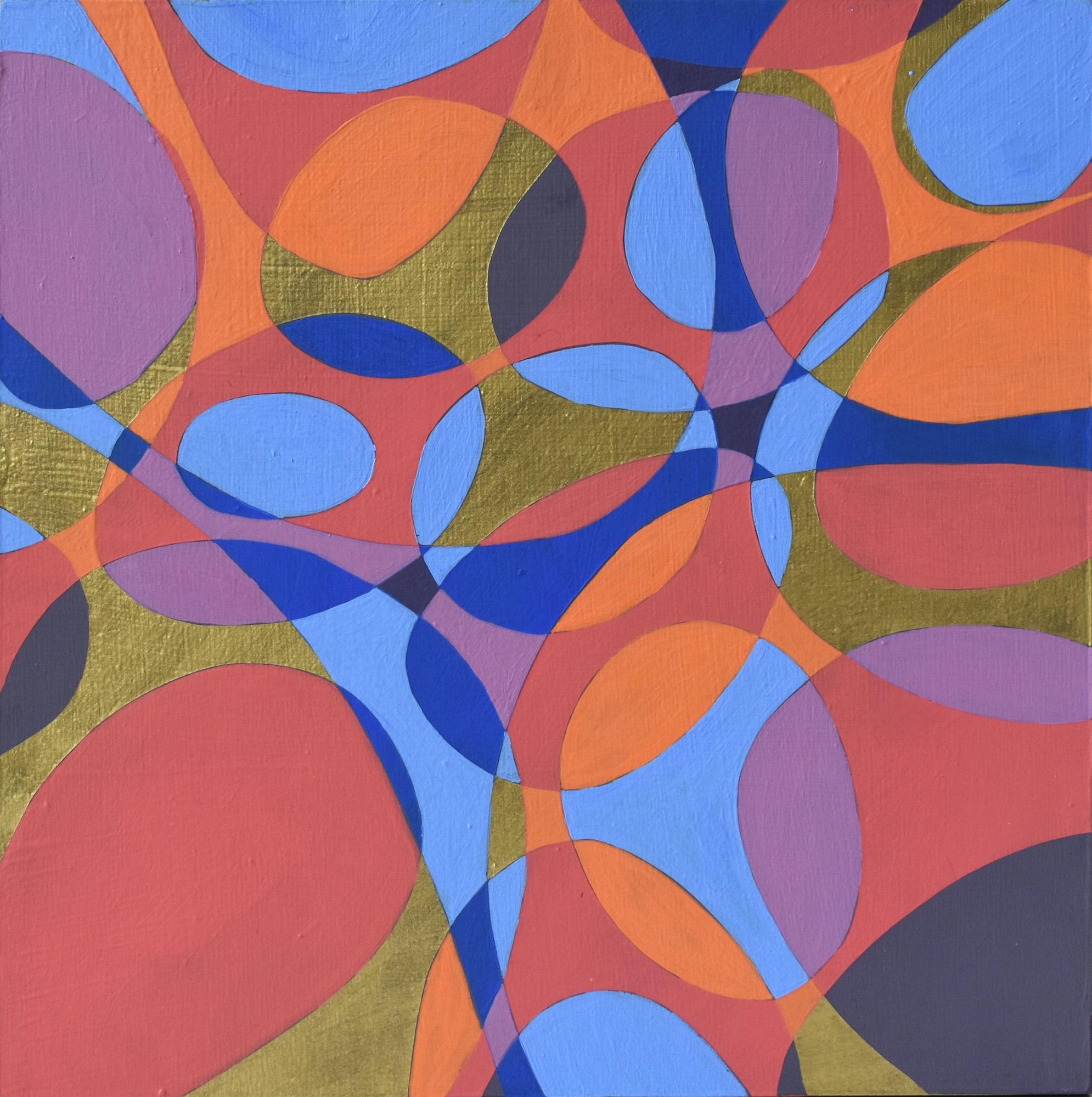 Denise Driscoll Abstract Painting - "Interaction 8", abstract, violet, blue, orange, metallic gold, acrylic painting