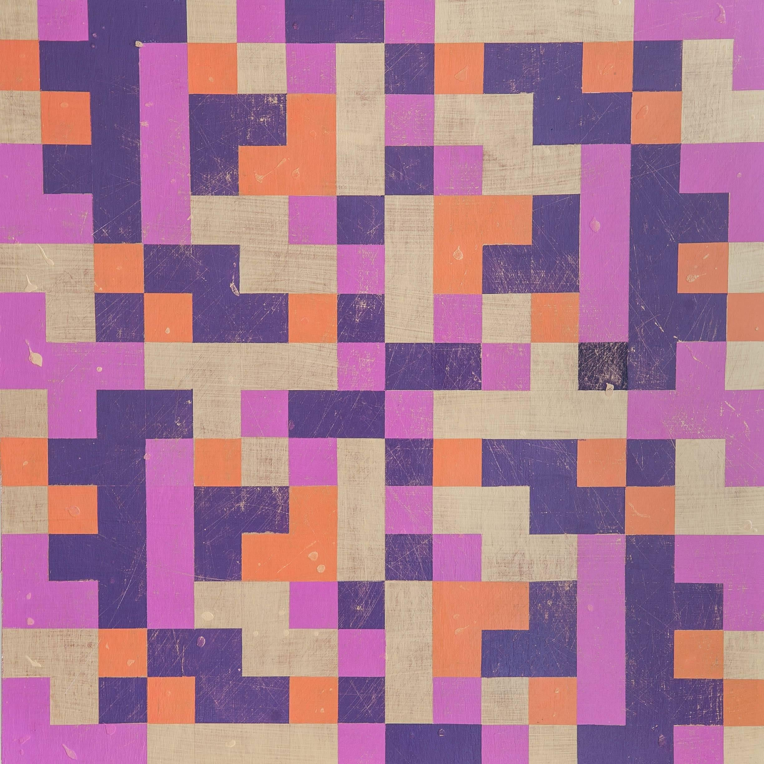 Denise Driscoll Abstract Painting - "Inversion", abstract, squares, magenta, gold, orange, purple, acrylic painting