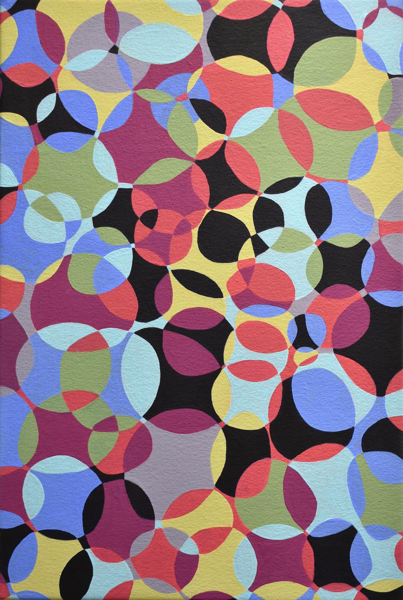 Abstract Painting Denise Driscoll - « Coinship 1 », abstrait, ovales, webs, bulles, bleu, vert, rouge, peinture acrylique