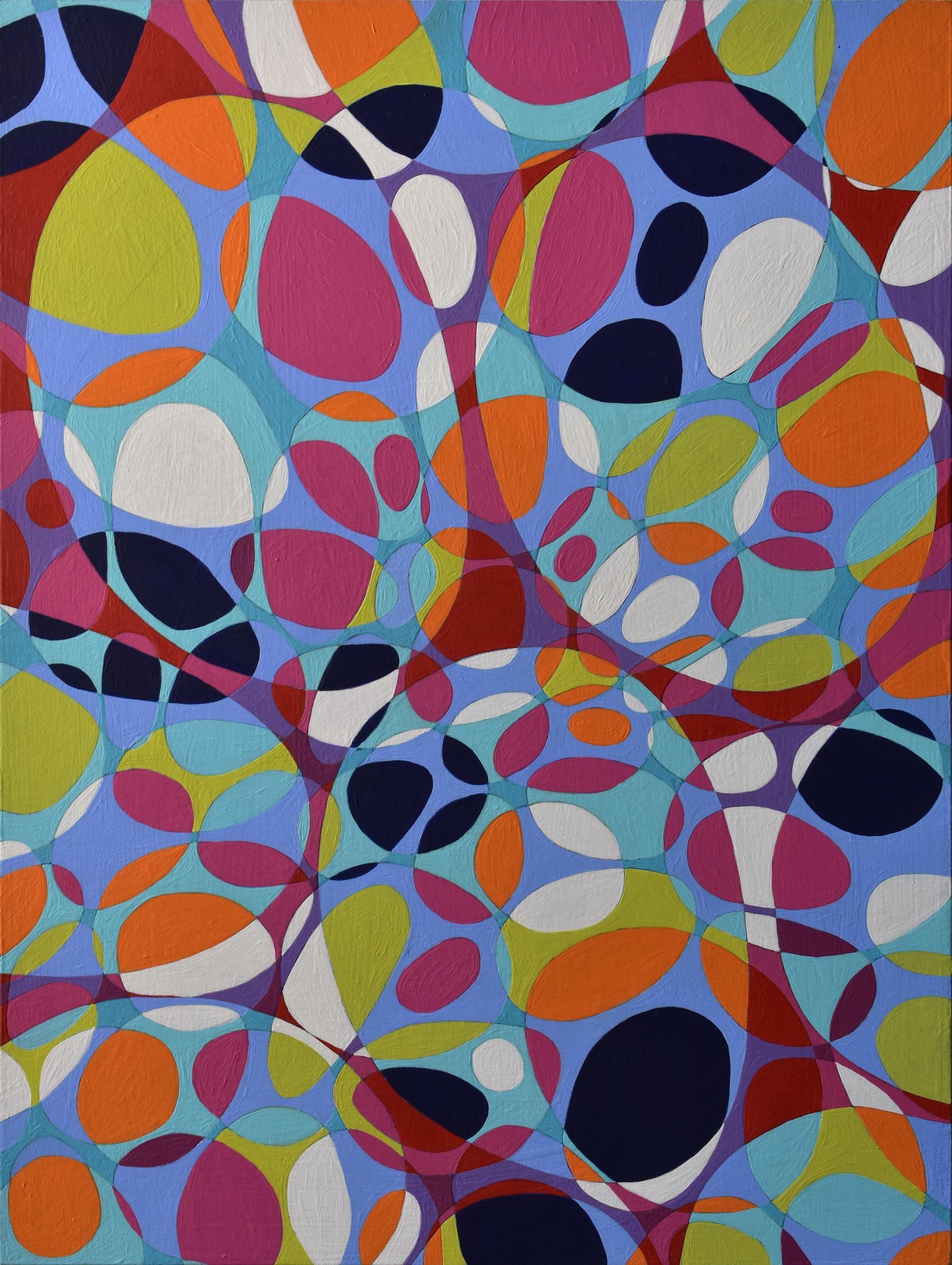 Denise Driscoll Abstract Painting - "Kinship 10", abstract, ovals, teal, pink, green, orange, blue, acrylic painting