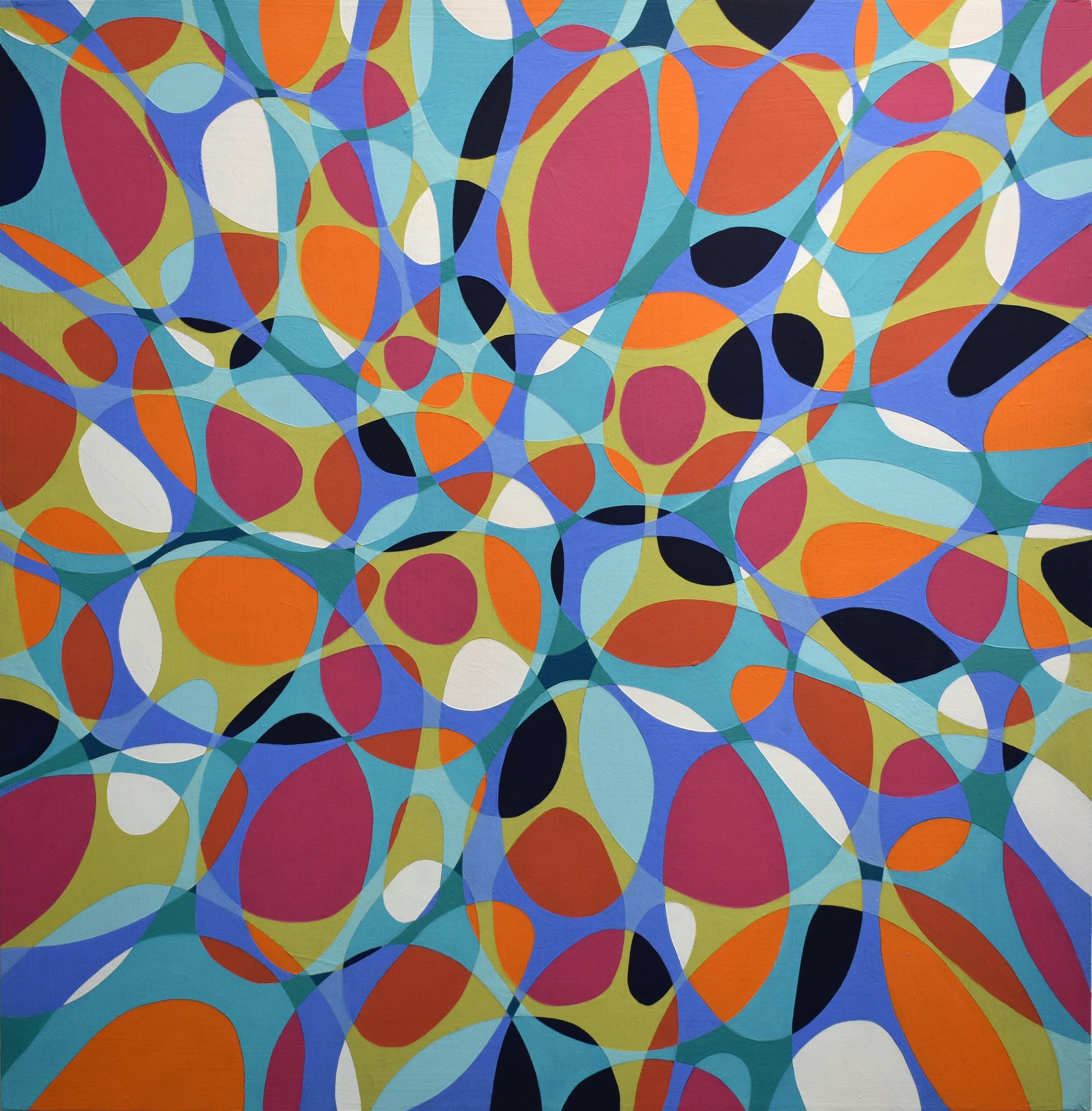 Denise Driscoll Abstract Painting - "Kinship 11", abstract, ovals, teal, pink, green, orange, blue, acrylic painting