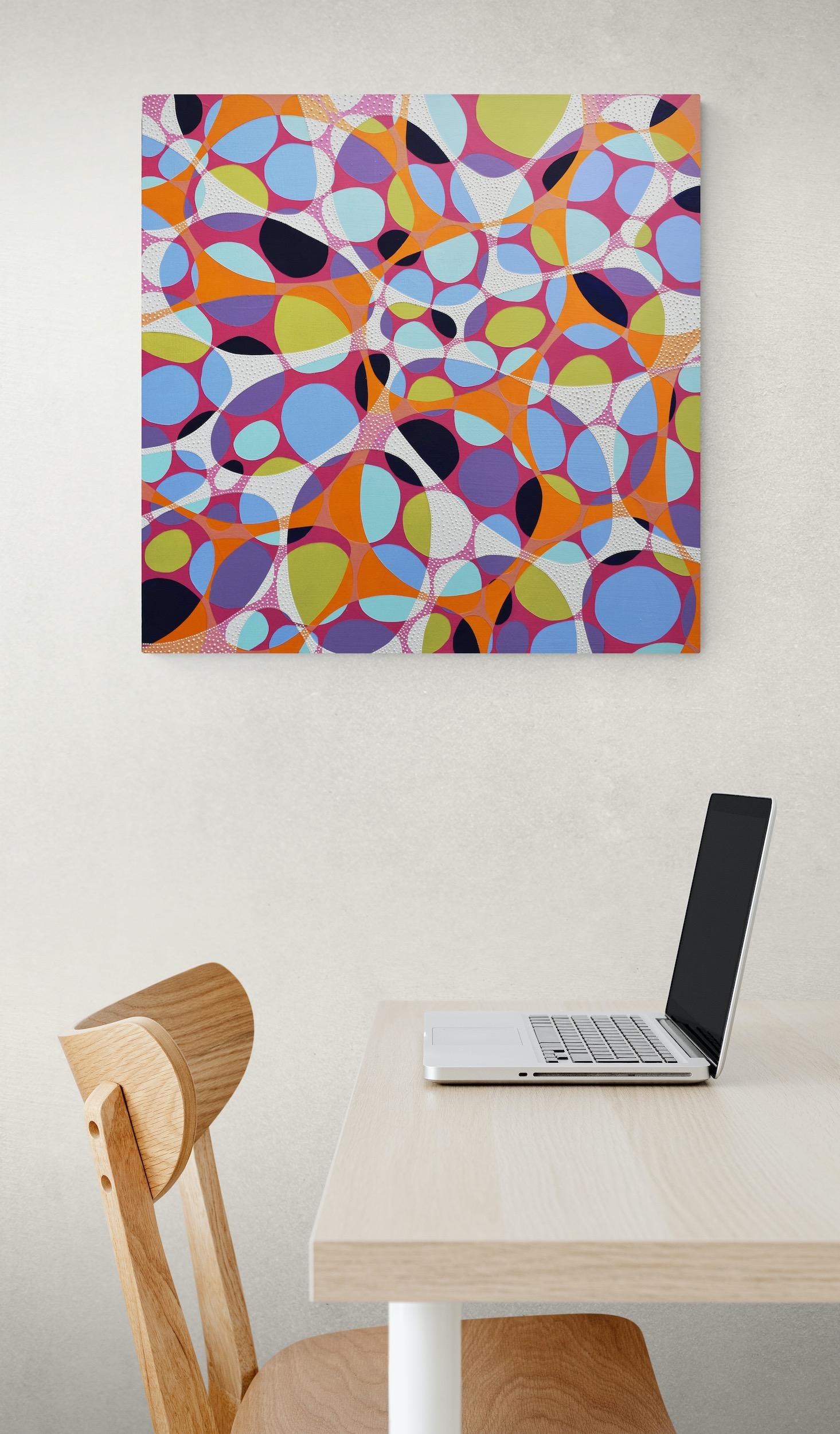 « Coinship 12 », peinture abstraite, ovale, magenta, orange, bleus, verts, acrylique 7