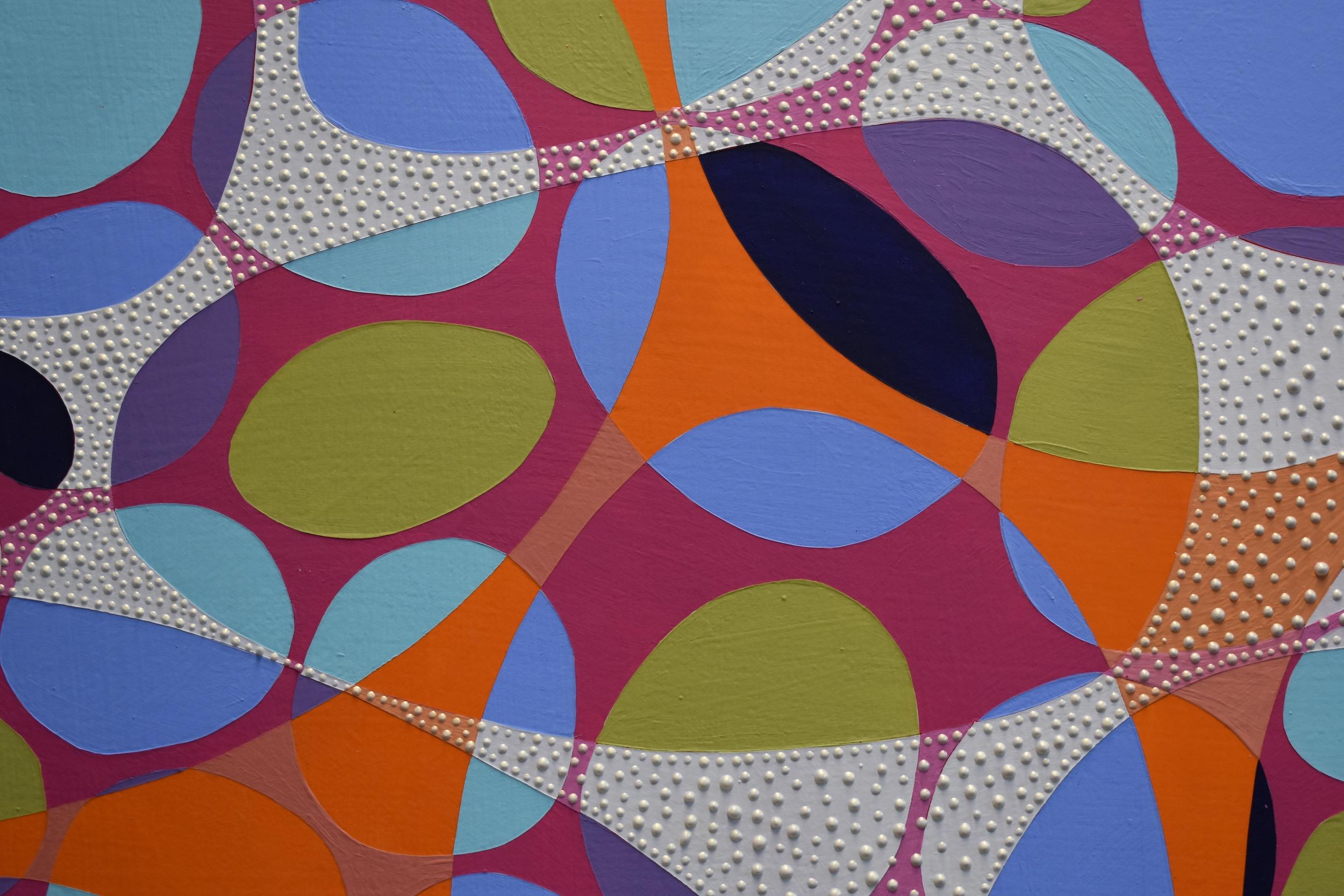 « Coinship 12 », peinture abstraite, ovale, magenta, orange, bleus, verts, acrylique 1