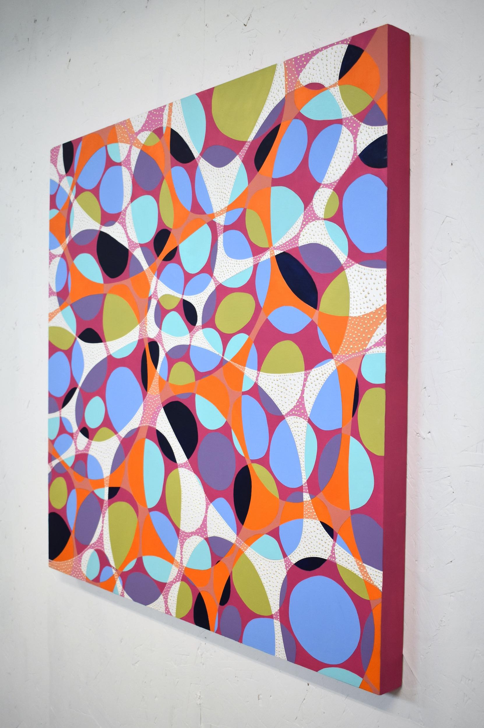 « Coinship 12 », peinture abstraite, ovale, magenta, orange, bleus, verts, acrylique 4