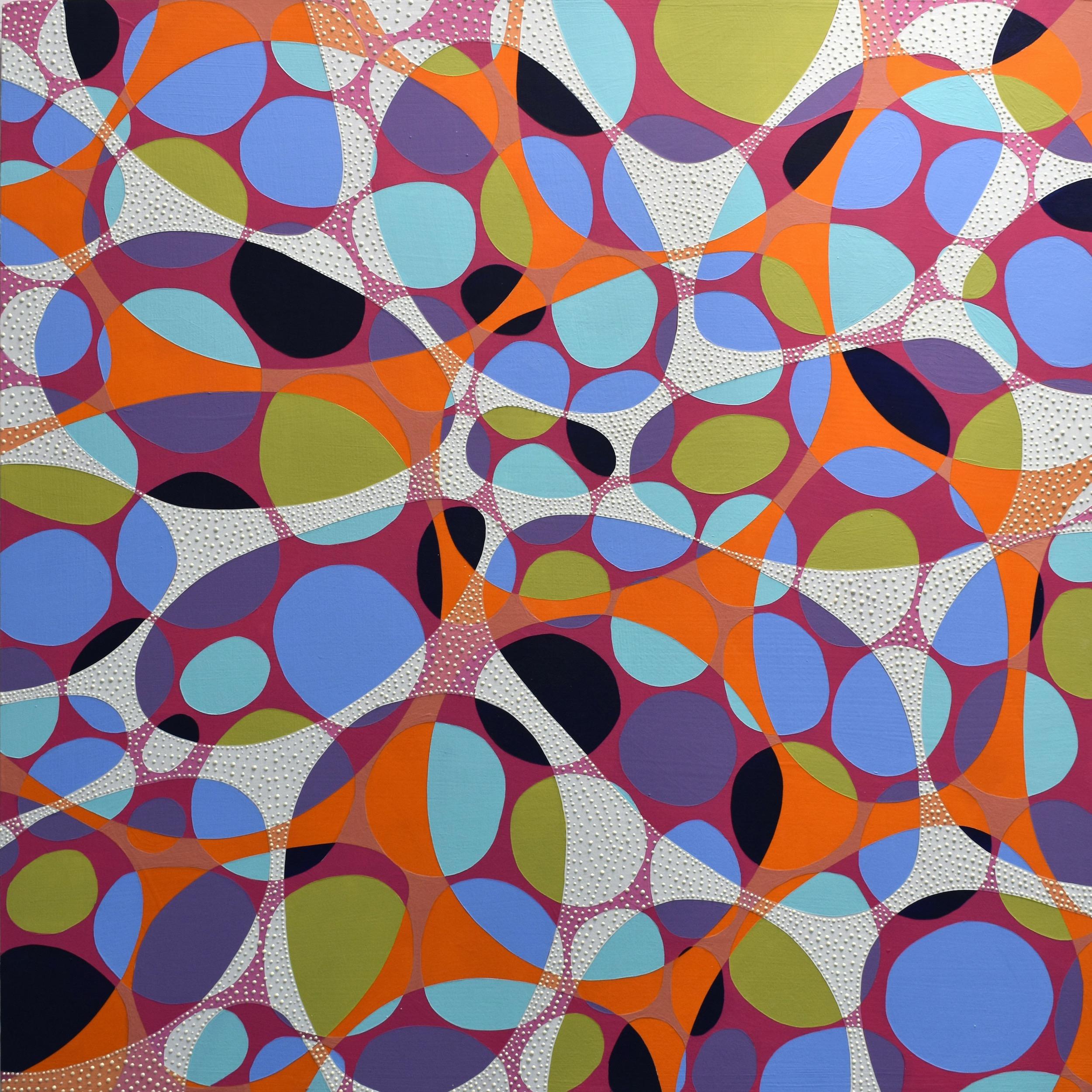 "Kinship 12", abstract, ovals, magenta, orange, blues, greens, acrylic painting - Painting by Denise Driscoll