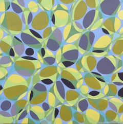 "Kinship 13", acrylic painting, abstract, ovals, yellow, greens, blues, violet