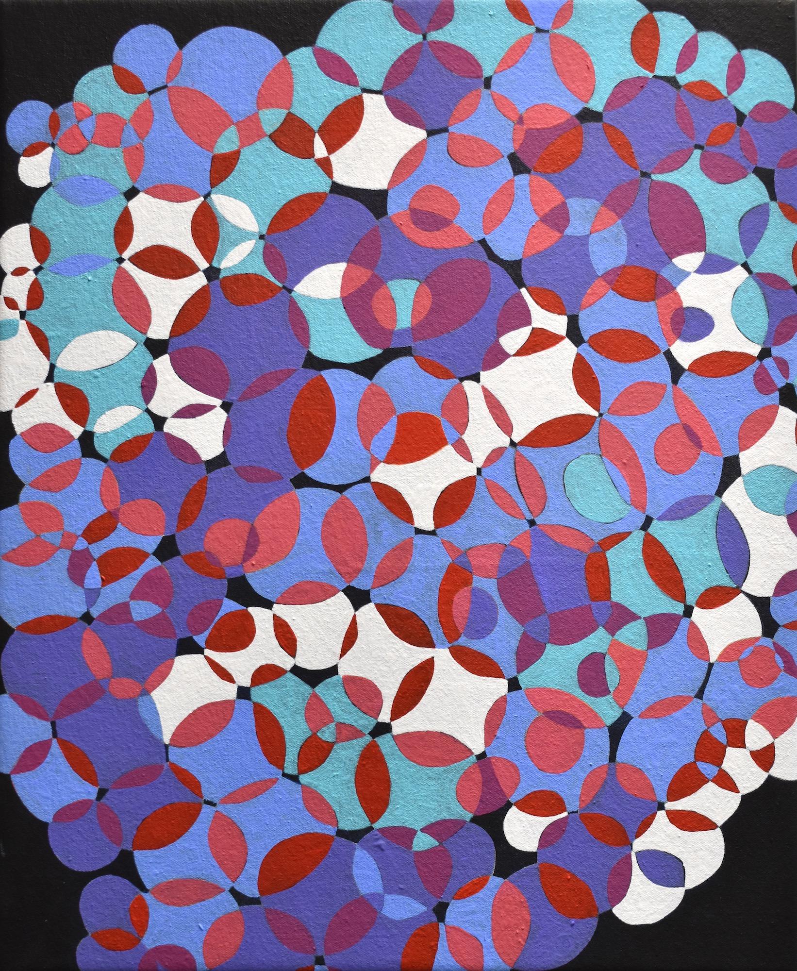 Denise Driscoll Abstract Painting - "Kinship 2", abstract, ovals, webs, bubbles, blue, white, red, acrylic painting