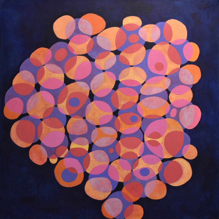 "Kinship 3", acrylic painting, abstract, pink, orange, yellow, violet, indigo - Painting by Denise Driscoll