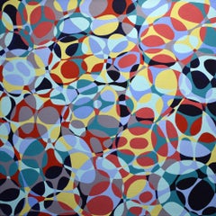 "Kinship 5", acrylic painting, abstract, red, blue, indigo, teal, green, ovals