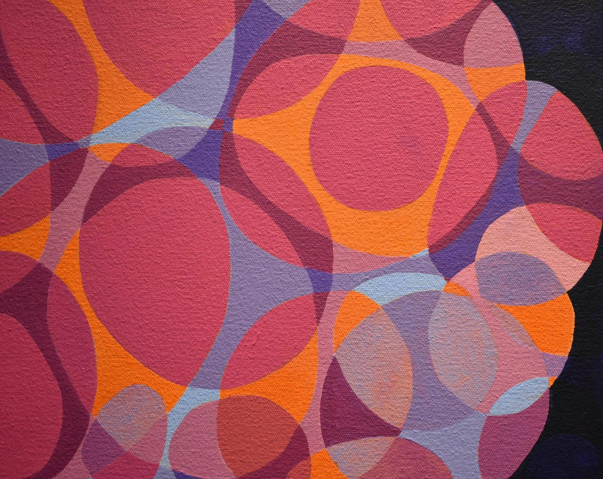 « Coinship 6 », abstrait, webs, bulles, ovales, magenta, orange, peinture acrylique en vente 1