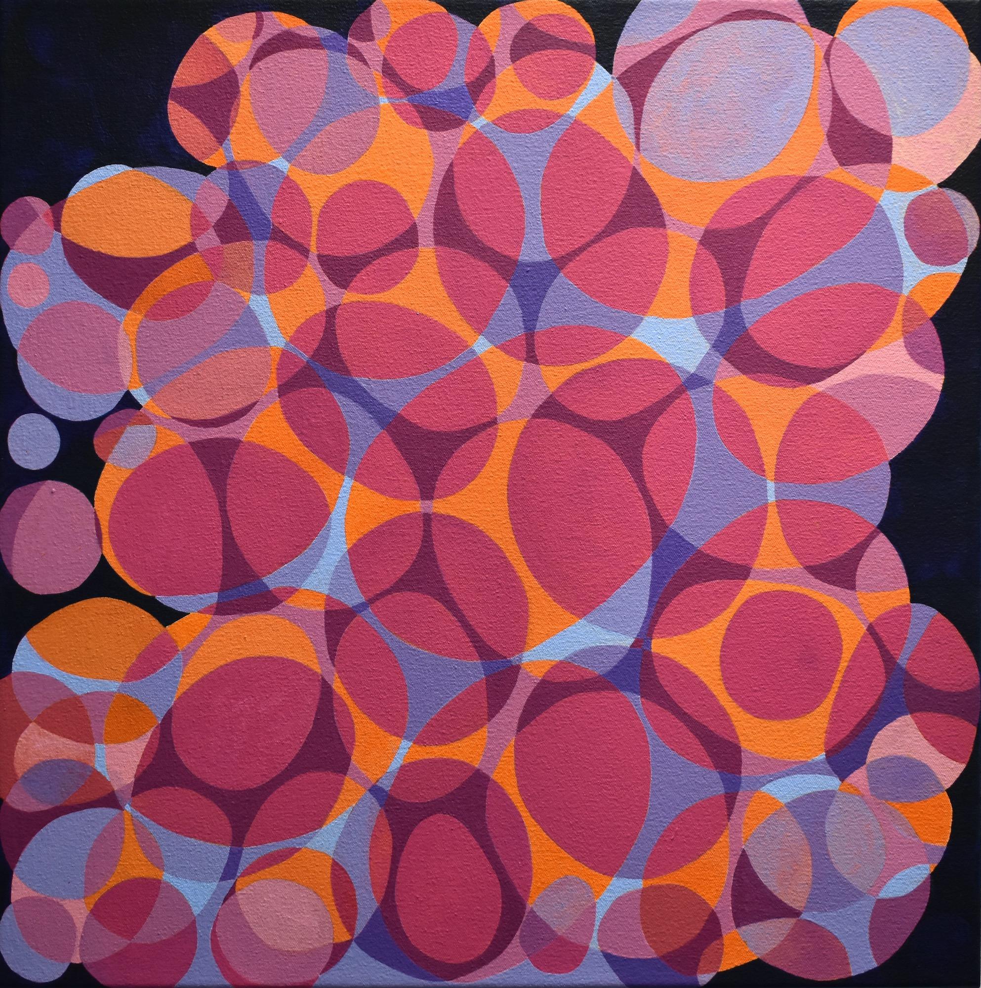 "Kinship 6", abstract, webs, bubbles, ovals, magenta, orange, acrylic painting - Painting by Denise Driscoll