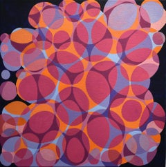 "Kinship 6", acrylic painting, abstract, webs, bubbles, ovals, magenta, orange