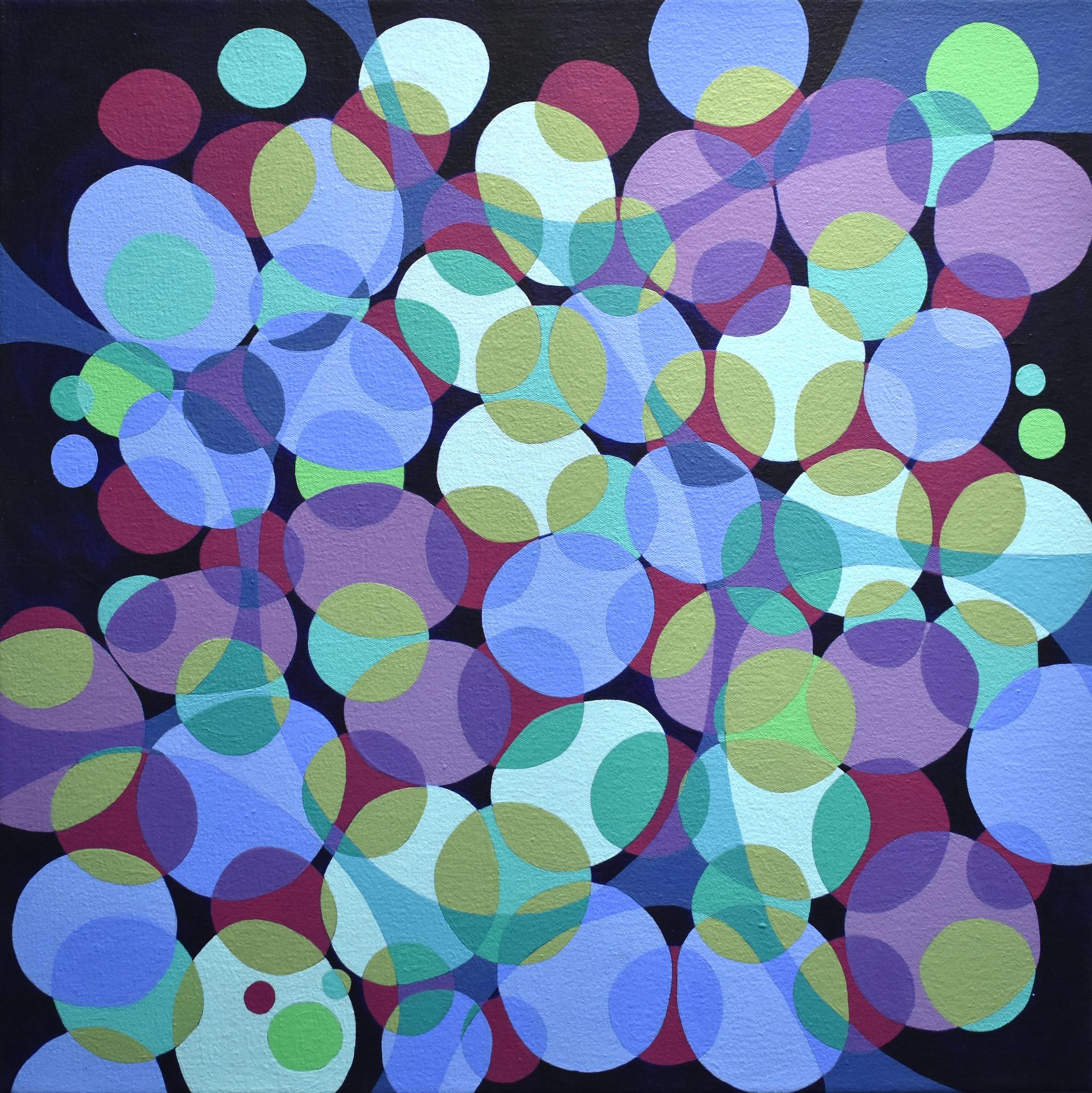 Denise Driscoll Abstract Painting - "Kinship 7", abstract, webs, bubbles, ovals, blue, green, acrylic painting