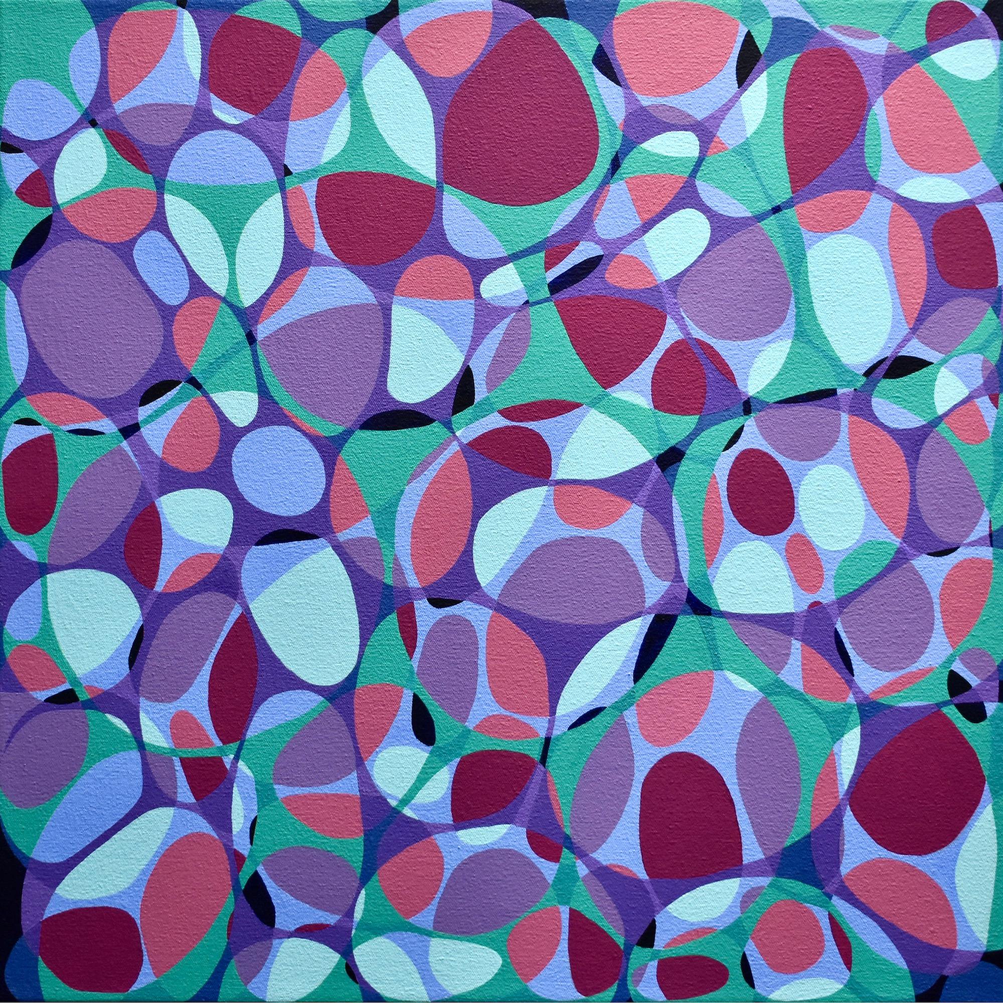 "Kinship 8", acrylic painting, abstract, webs, bubbles, ovals, rose, blue, green - Painting by Denise Driscoll