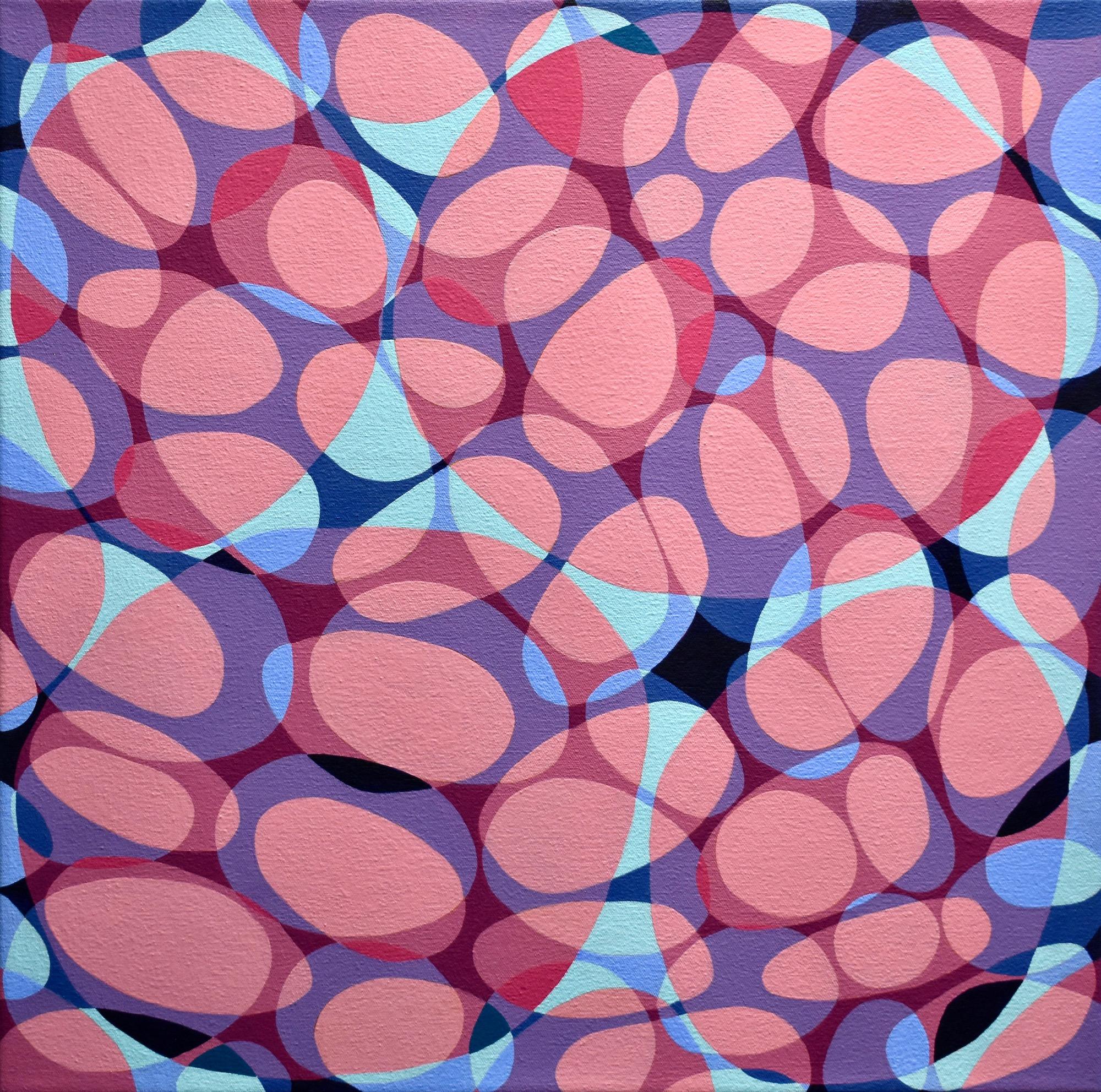 Denise Driscoll Abstract Painting - "Kinship 9", abstract, webs, bubbles, pink, violet, blue, teal, acrylic painting
