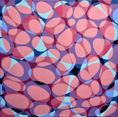 "Kinship 9", abstract, webs, bubbles, pink, violet, blue, teal, acrylic painting