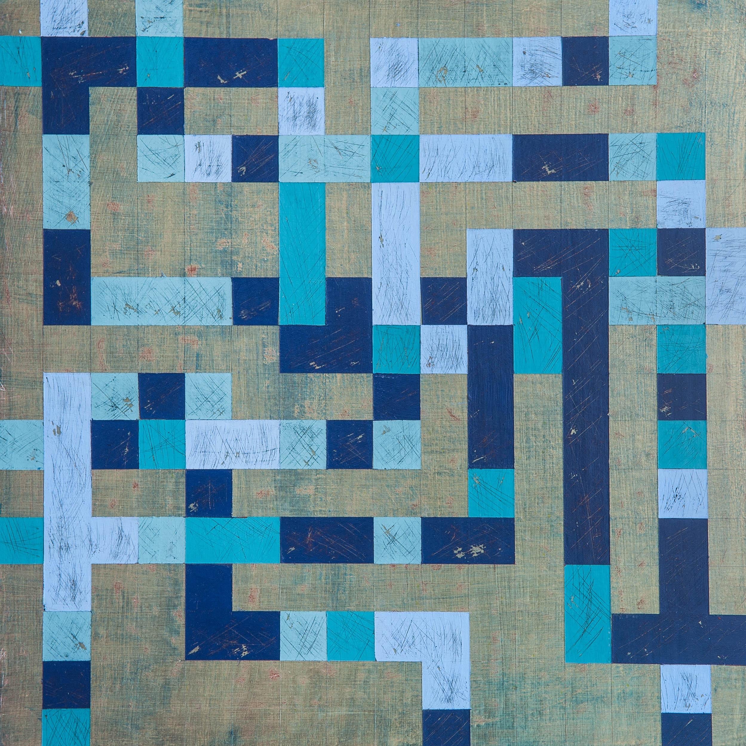 Denise Driscoll Abstract Painting - "Ravel 3", abstract, geometric, teals, blues, gold, acrylic painting