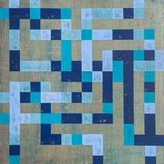 "Ravel 3", abstract, acrylic, painting, geometric, teals, blues, gold