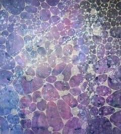"Realm", abstract, acrylic painting, violet, magenta, blue, gold, dots, silver