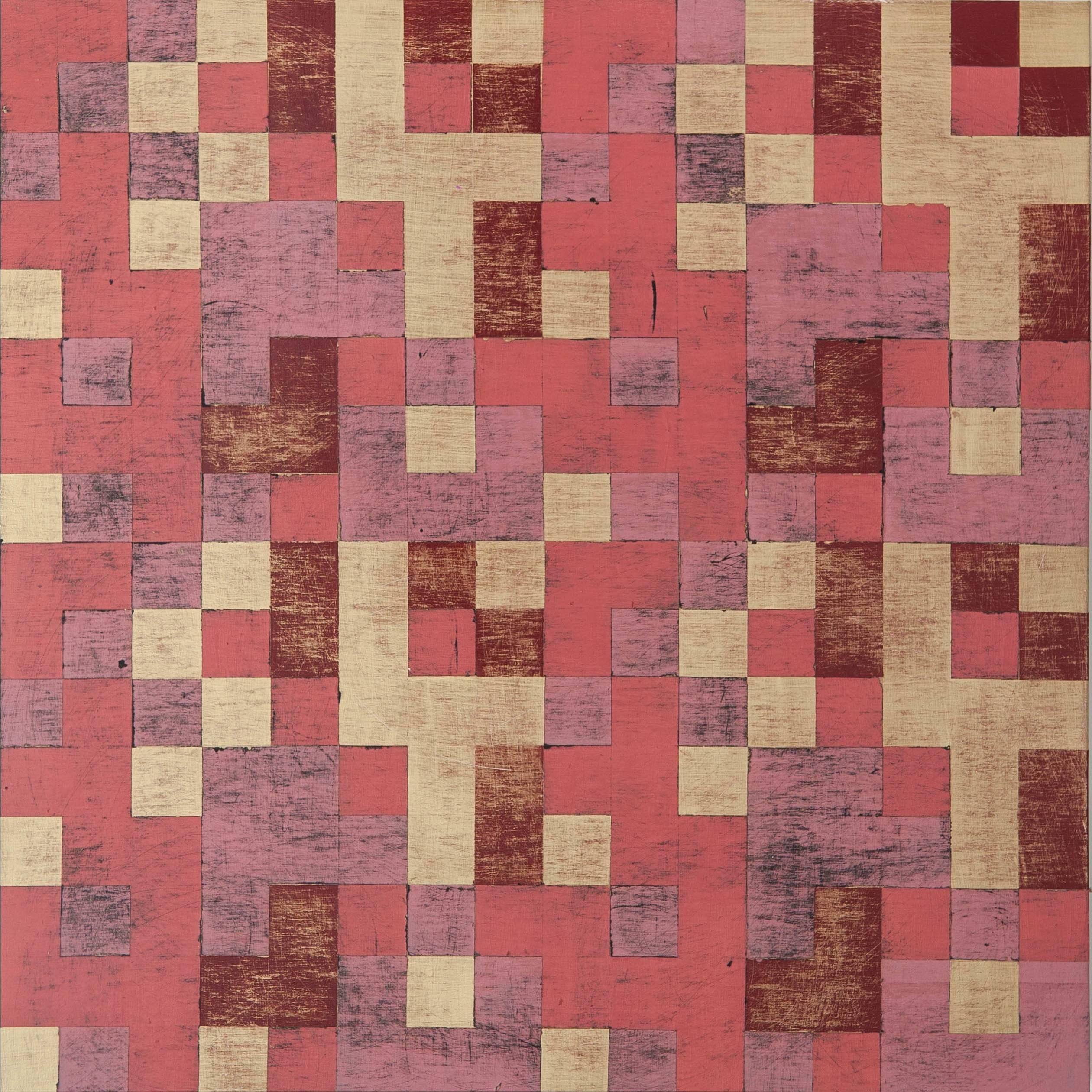 Denise Driscoll Abstract Painting - "Replication 1", abstract, geometric, squares, rose, gold, acrylic painting