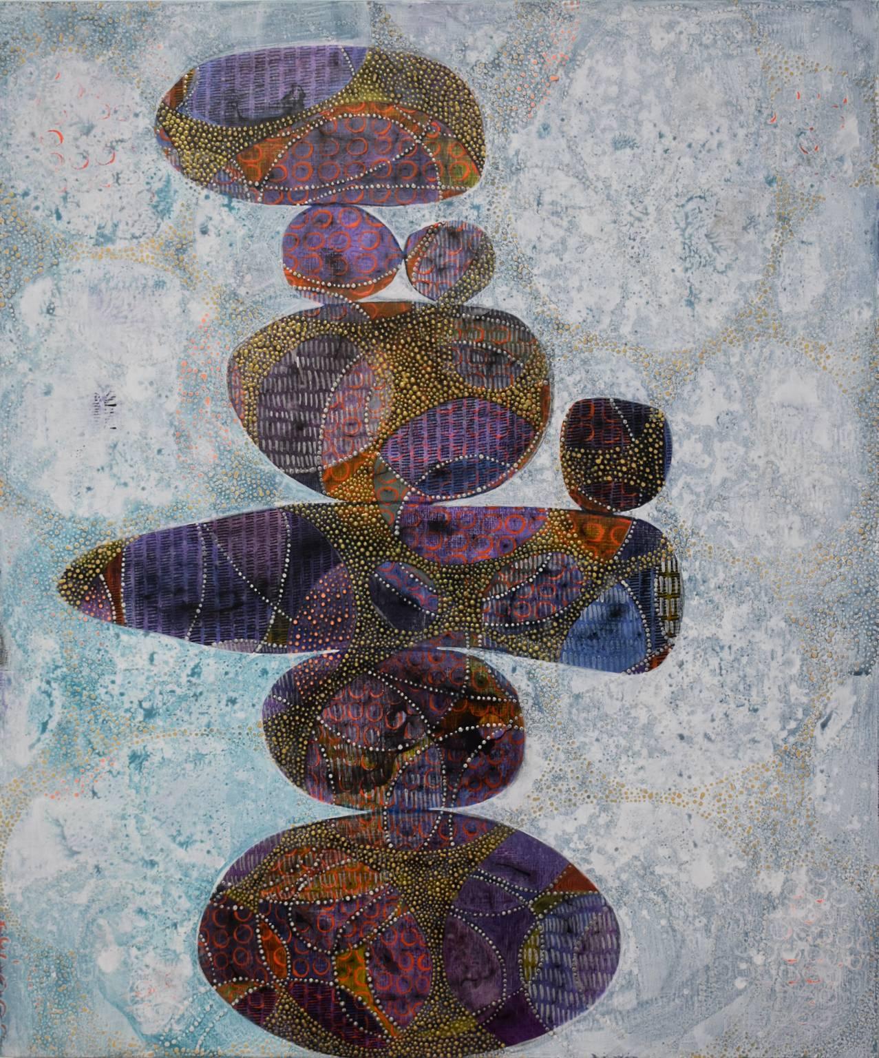 Denise Driscoll Abstract Painting - "Seeking Balance", whimsical, balanced, stones, orange, purple, acrylic painting