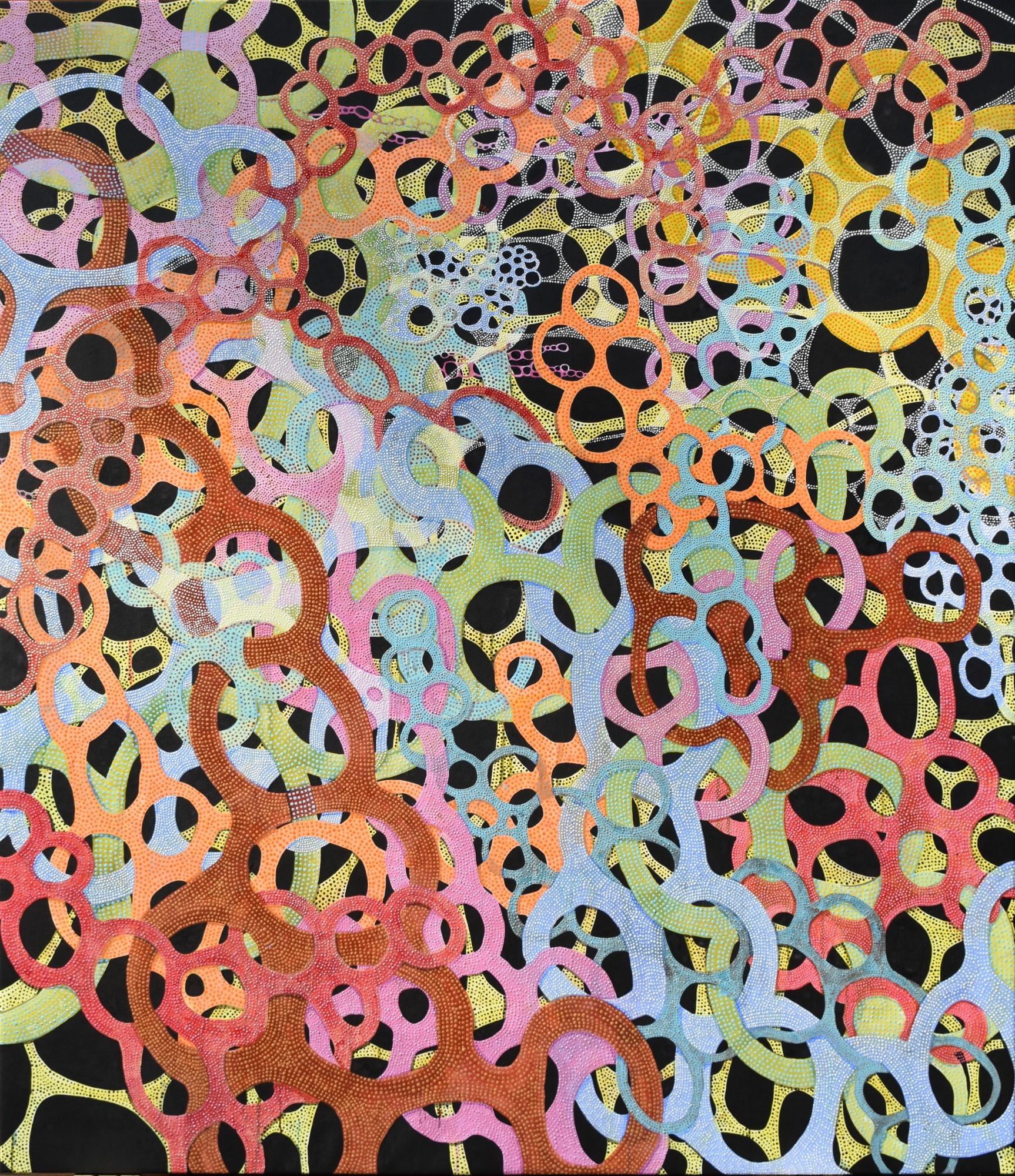 "Shimmer 1", abstract, brightly colored, black, metallic, dots, acrylic painting - Painting by Denise Driscoll