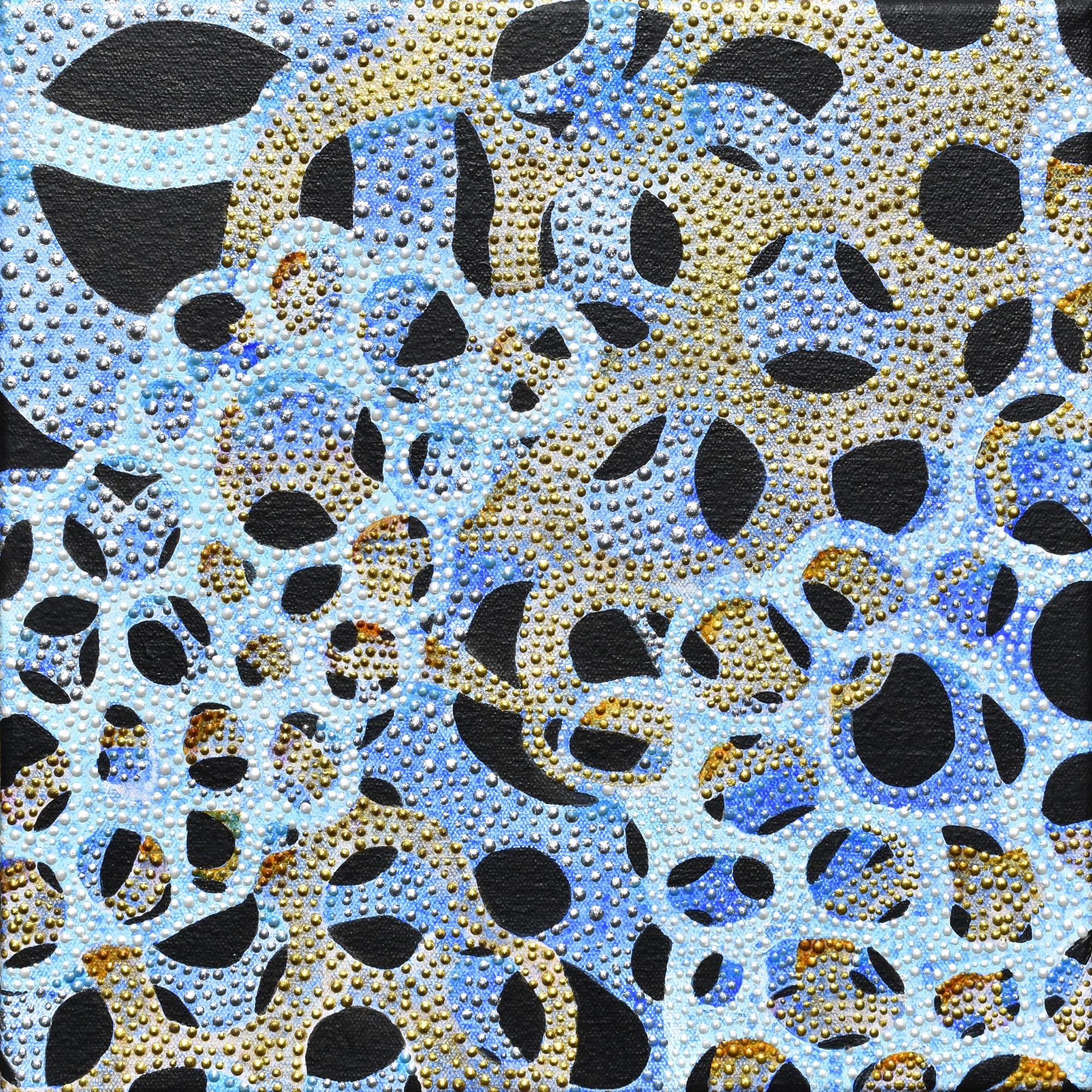 Denise Driscoll Abstract Painting - "Shimmer 10", abstract, blue, gold, black, dots, acrylic painting