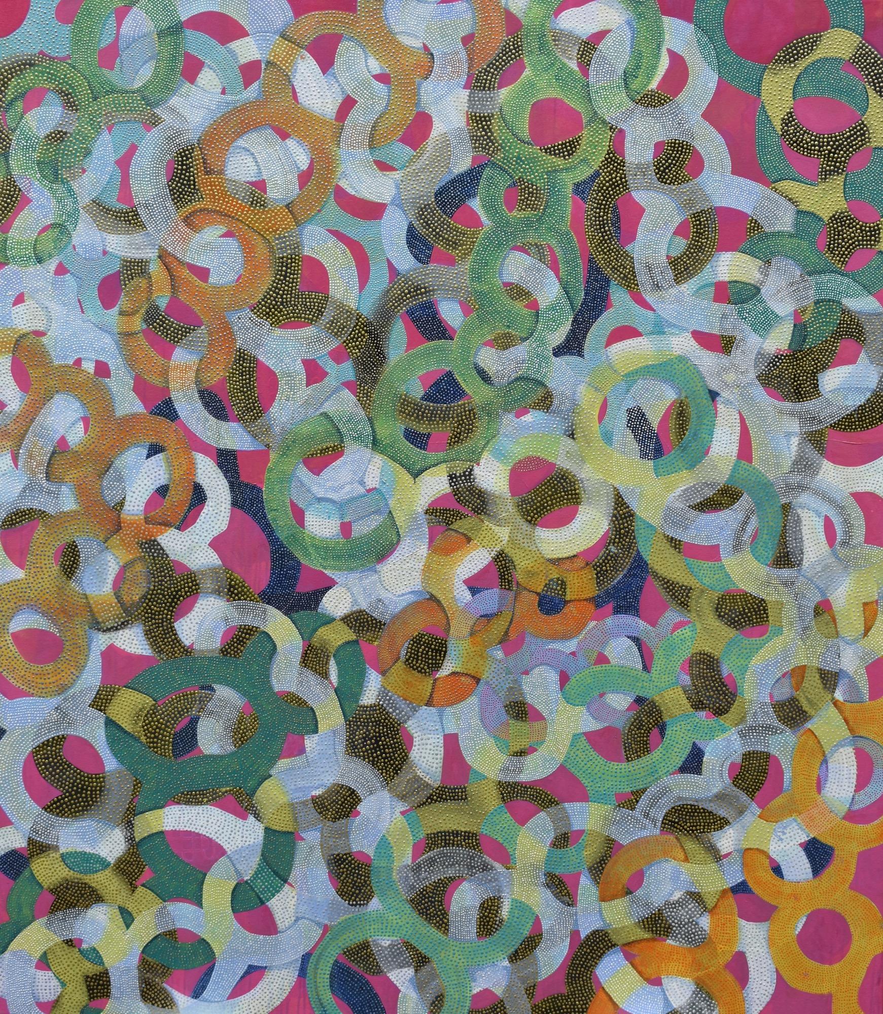 Denise Driscoll Abstract Painting - "Shimmer 2", abstract, brightly colored, pink, metallic, dots, acrylic painting
