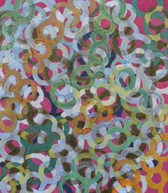 "Shimmer 2", abstract, acrylic painting, brightly colored, pink, metallic, dots