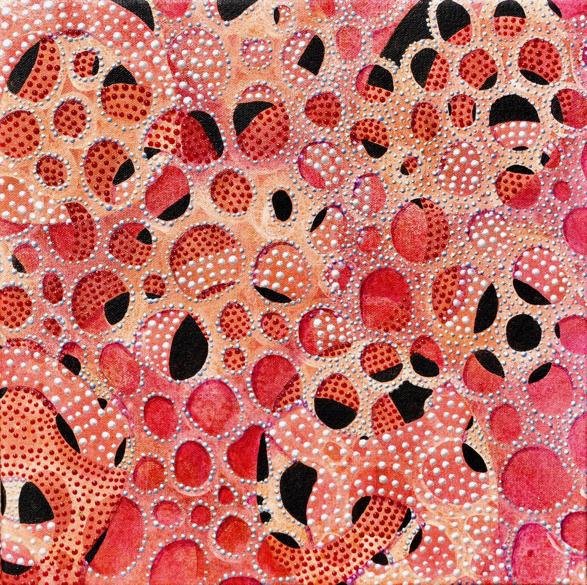 Denise Driscoll Abstract Painting - "Shimmer 8", abstract, coral, peach, rose, black, dots, acrylic painting