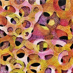 "Shimmer 9", abstract, acrylic painting, magenta, rose, orange, black, dots