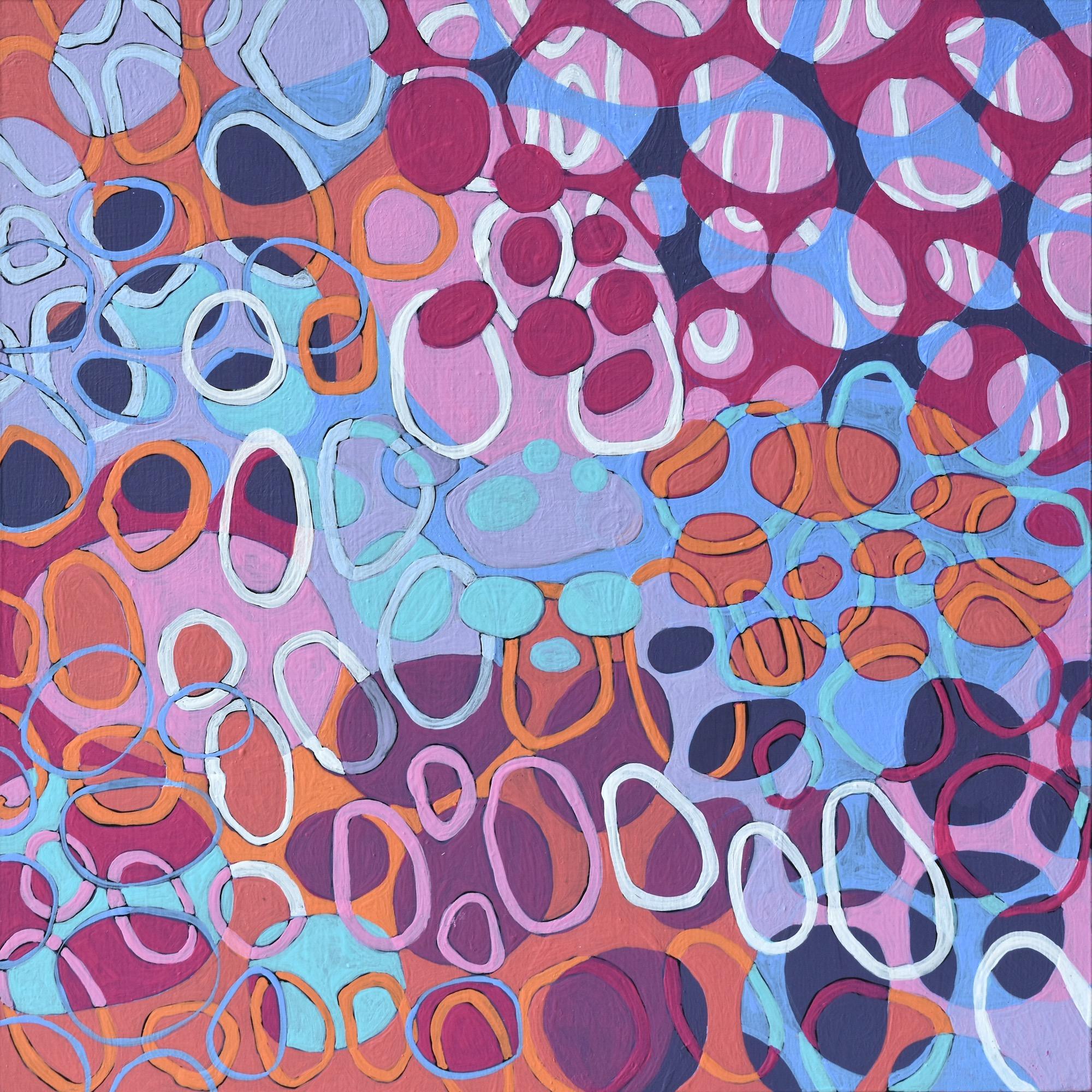 Denise Driscoll Abstract Painting - "String Theory 1", abstract, pink, orange, blue, acrylic painting