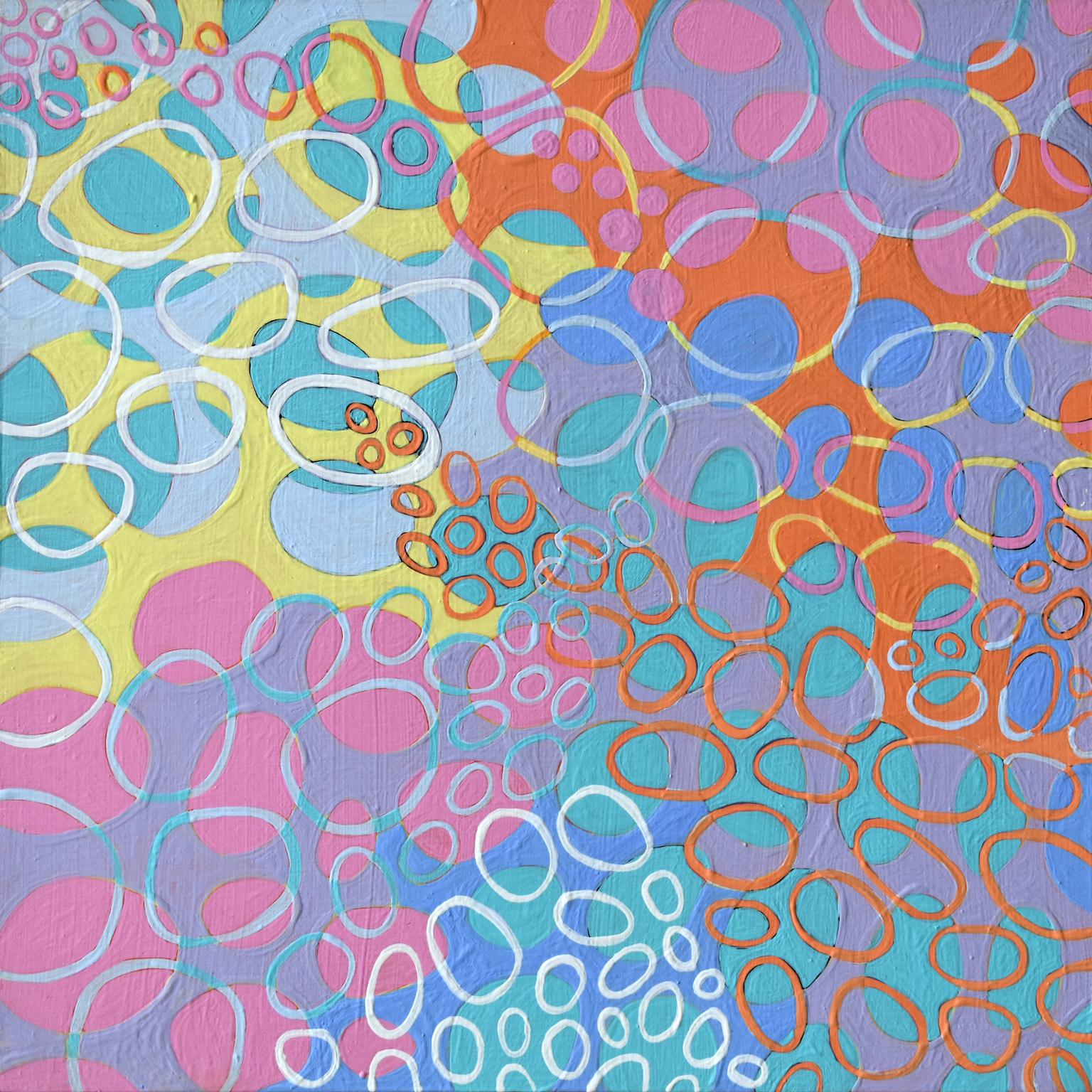 "String Theory 2", abstract, pink, teal, yellow, orange, blue, acrylic painting - Painting by Denise Driscoll