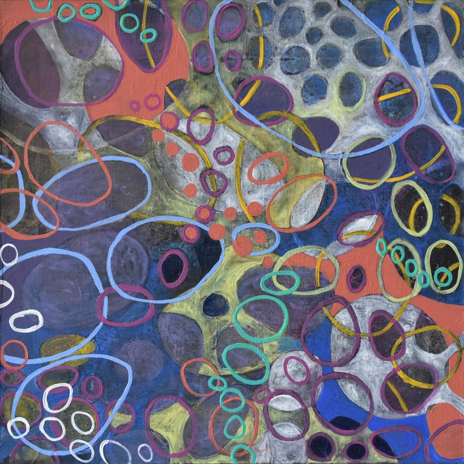 "String Theory 4", abstract, gray, blue, orange, yellow, green, acrylic painting - Painting by Denise Driscoll