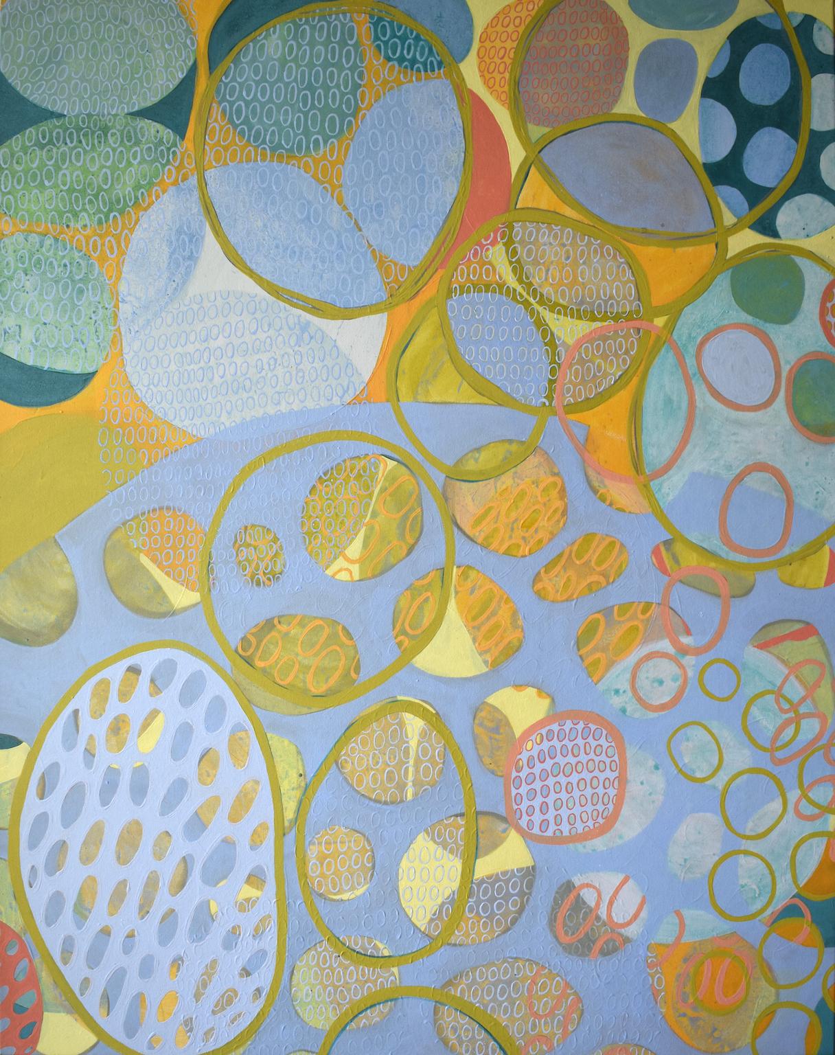 "String Theory 6", abstract, yellow, blue, green, coral, acrylic painting - Painting by Denise Driscoll