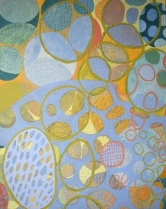 «String Theory 6 », abstrait, jaune, bleu, vert, corail, peinture acrylique