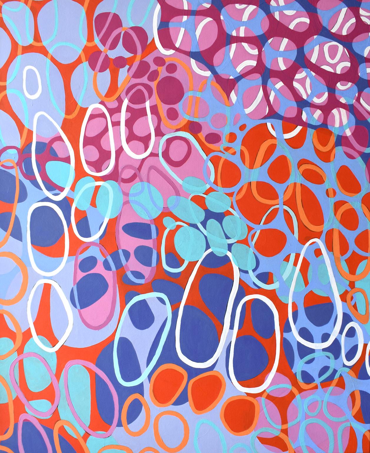 Denise Driscoll Abstract Painting - "String Theory 7", abstract, bright, pink, orange, teal, blue, acrylic painting