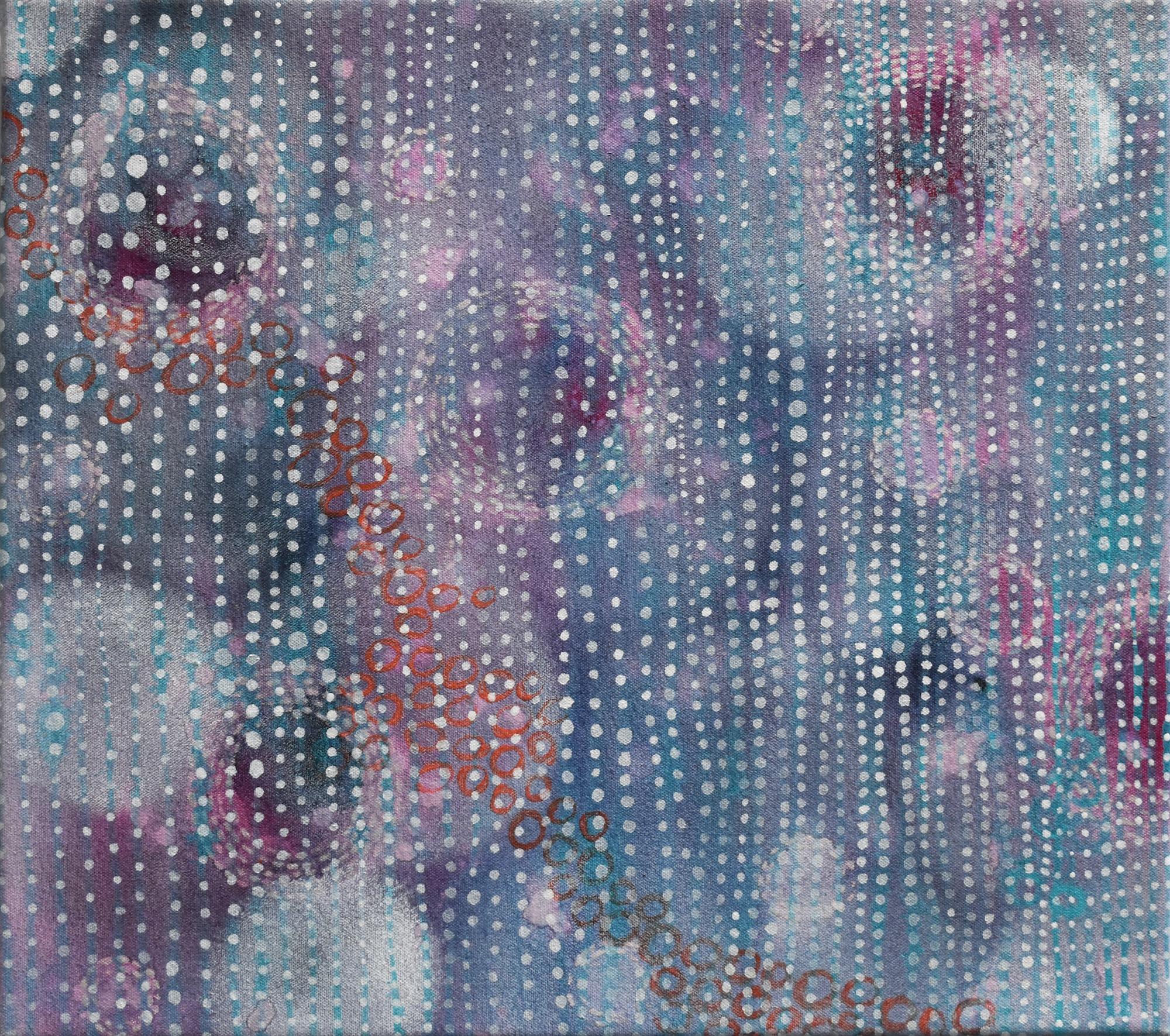 « Suspend », abstrait, acrylique, peinture, géométrique, magenta, bleu, violet, blanc - Painting de Denise Driscoll