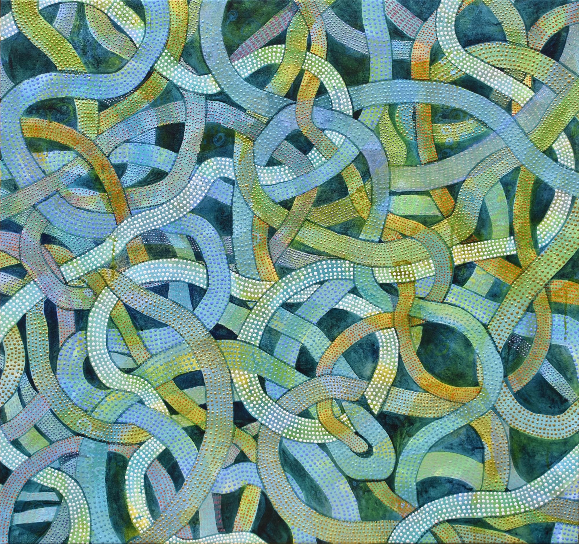 "Tangle 1", abstract, blue, green, yellow, dots, gold, white, acrylic painting - Painting by Denise Driscoll