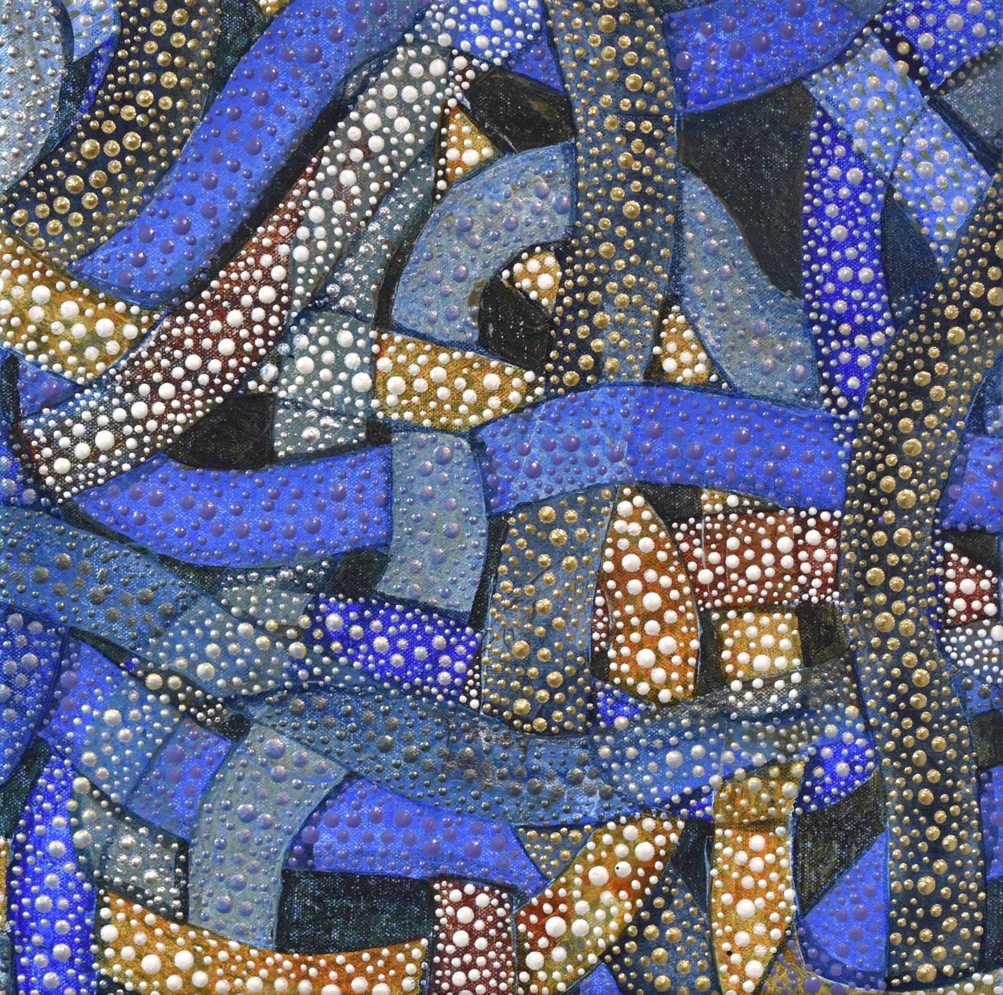 "Tangle 3", abstract, blue, earthy orange, dots, gold, silver, acrylic painting