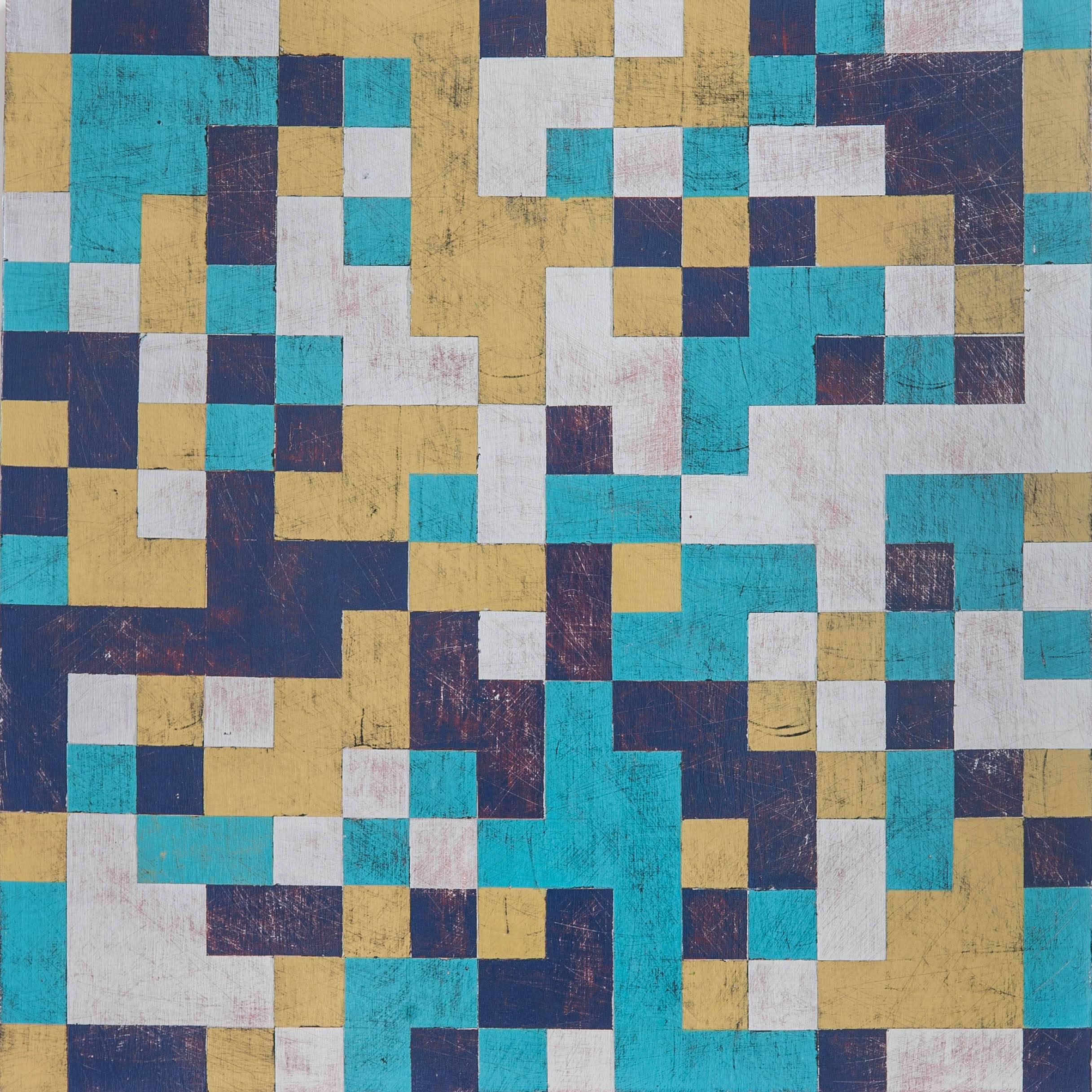 Denise Driscoll Abstract Painting - "Transposition", abstract, geometric, squares, teal, gold, acrylic painting