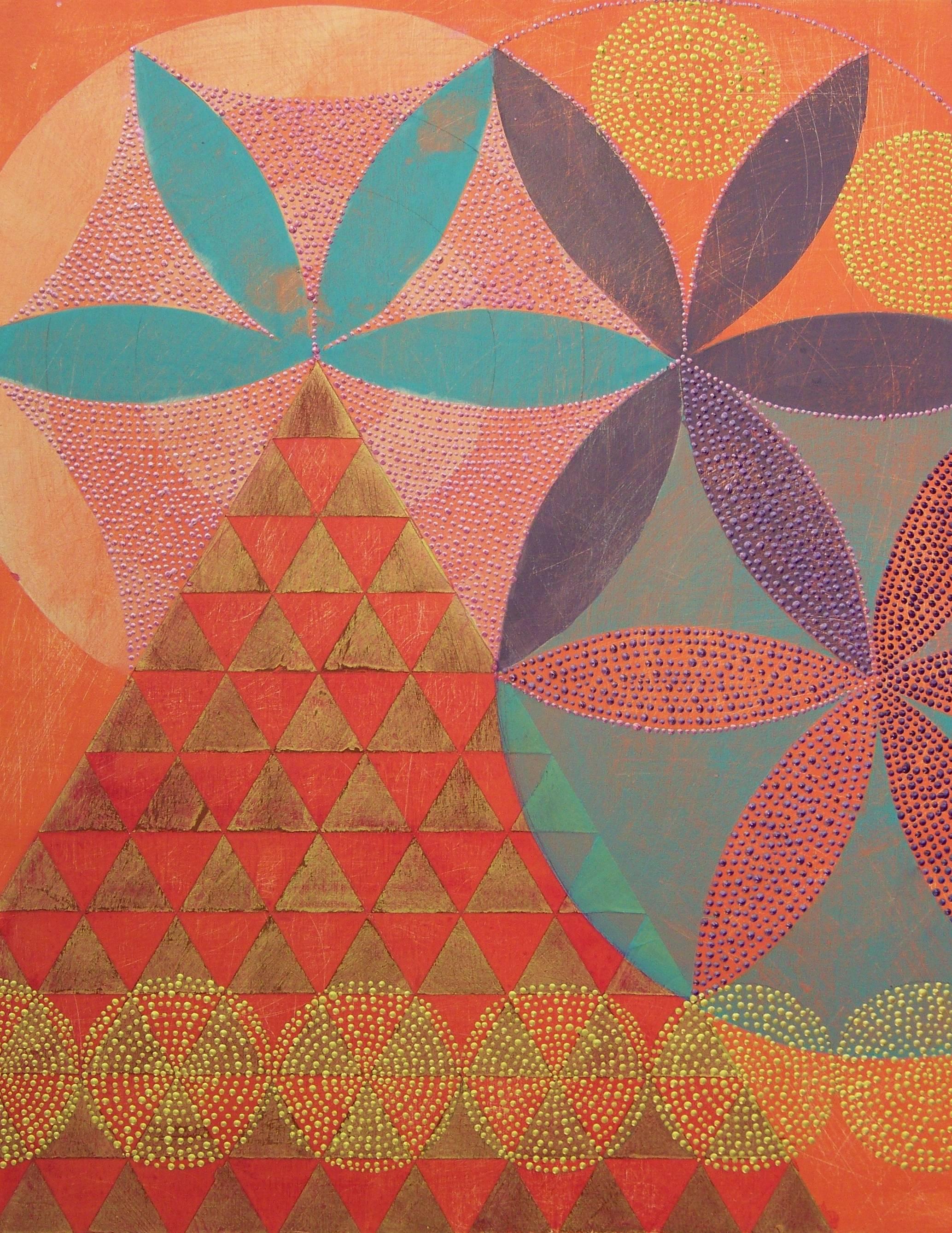 "Triangles 5", abstract, geometric, coral, gold, violet, teal, acrylic painting - Painting by Denise Driscoll