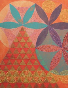 « Triangles 5 », peinture abstraite, géométrique, corail, or, violet, sarcelle, acrylique