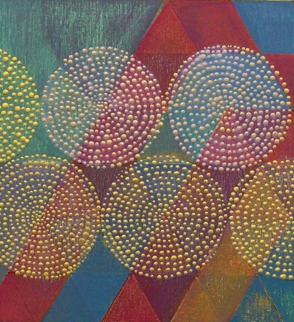« Triangles 6 », abstrait, géométrique, vert, or, rouge, bleu, peinture acrylique - Géométrique abstrait Painting par Denise Driscoll