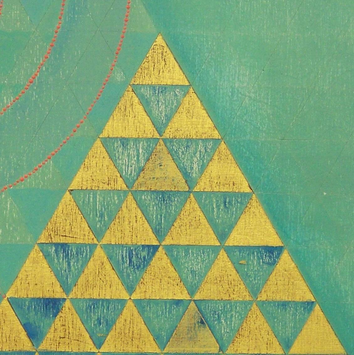 « Triangles 6 », abstrait, géométrique, vert, or, rouge, bleu, peinture acrylique en vente 1