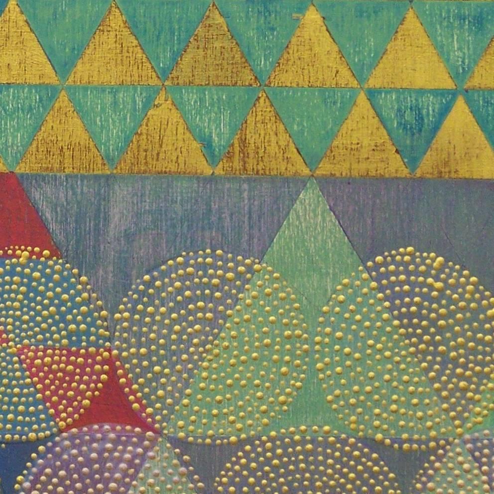 « Triangles 6 », abstrait, géométrique, vert, or, rouge, bleu, peinture acrylique en vente 2