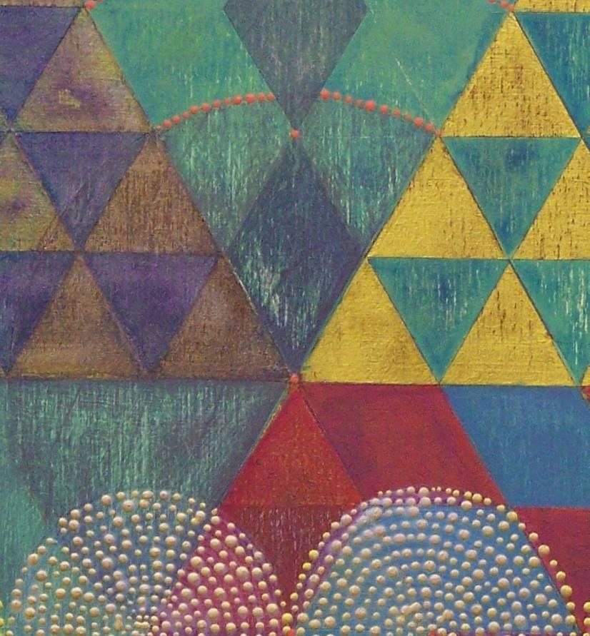 « Triangles 6 », abstrait, géométrique, vert, or, rouge, bleu, peinture acrylique en vente 3