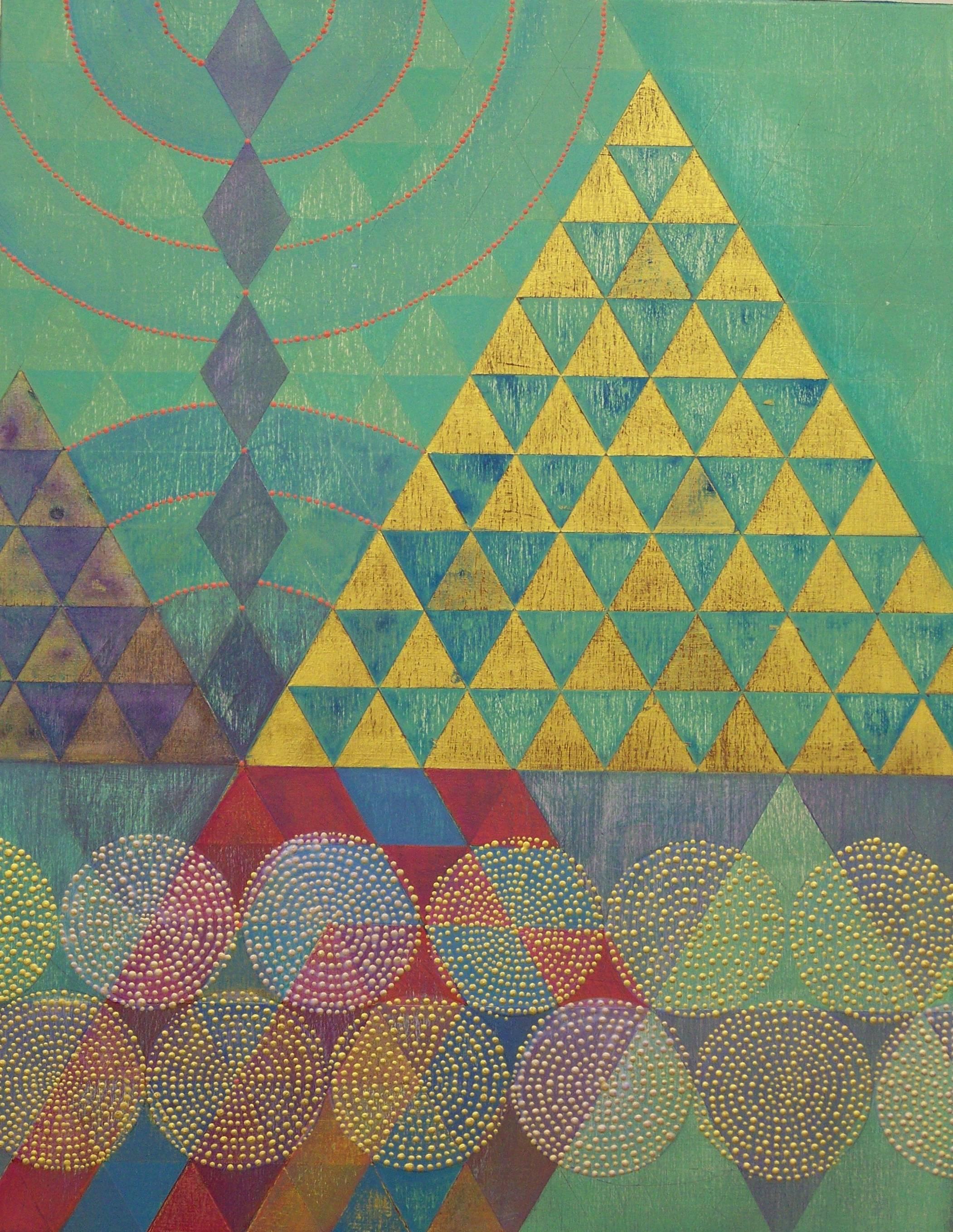 "Triangles 6", abstract, geometric, green, gold, red, blue, acrylic painting - Painting by Denise Driscoll